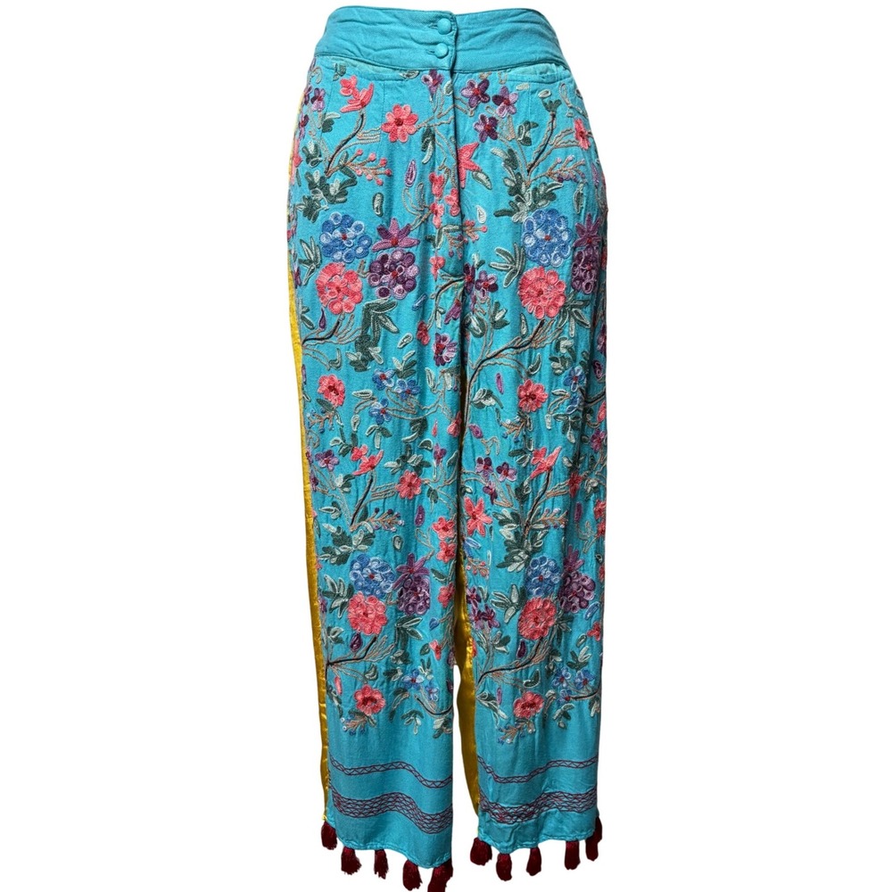 NATAYA Womens Turquoise Blue Floral Embroidered Tassel Wide Leg Pants Sz S Boho